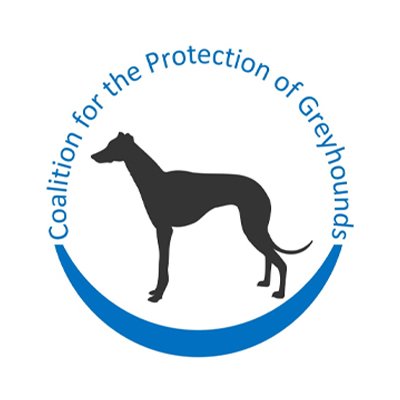 Logo of the Coalition for the Protection of Greyhounds featuring a black greyhound silhouette inside a blue circle.