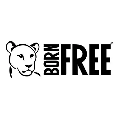 A black and white logo featuring a lioness's face and the text 'Born Free' with the word 'Free' in bold capital letters