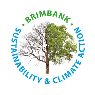Circular logo with the words 'BRIMBANK' in green and 'SUSTAINABILITY & CLIMATE ACTION' in blue, featuring a tree with green and bare branches in the center.