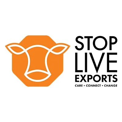 Logo of Stop Live Exports featuring an outline of a cow's head in an orange shield, with the text 'STOP LIVE EXPORTS CARE CONNECT CHANGE' to the right.