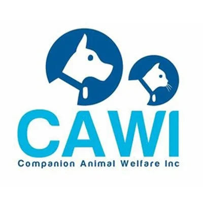 Logo of Companion Animal Welfare Inc. featuring stylized profiles of a dog and a cat in blue circles, with the text CAWI below.