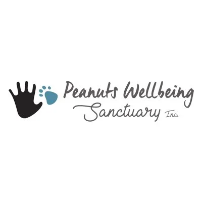 Logo of Peanuts Wellbeing Sanctuary Inc., featuring a black handprint, a blue paw print, and the organization's name in gray and black text.