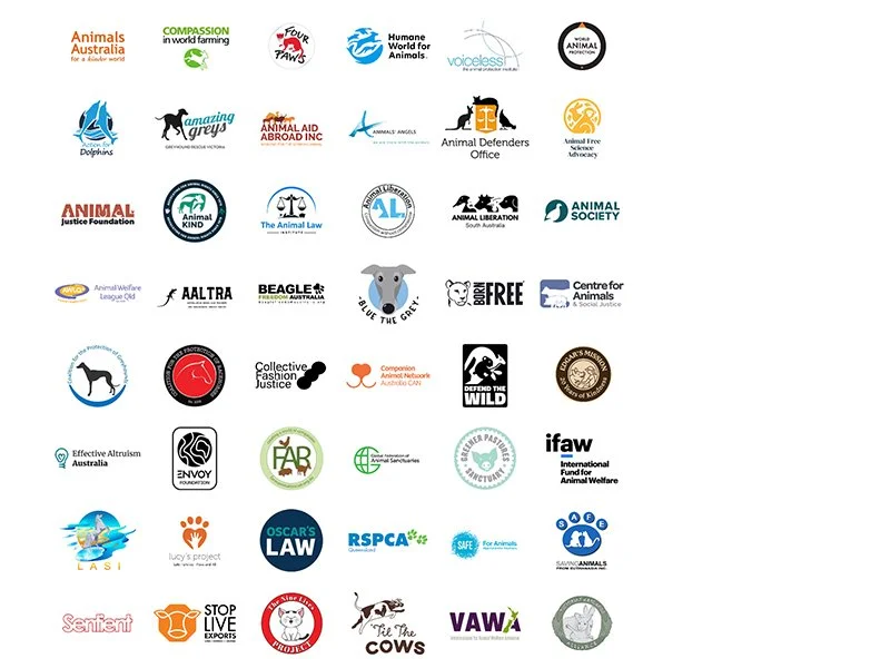 A collection of various animal advocacy organization logos arranged in a grid.