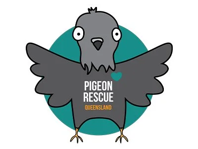 A cartoon pigeon spreading their wings with the words Pigeon Rescue Queensland on their chest.