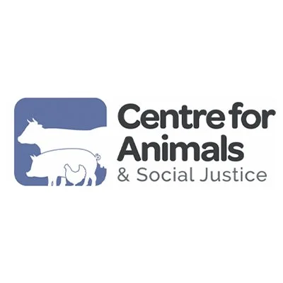 Logo of the Centre for Animals and Social Justice featuring silhouettes of a dog, cat, and horse inside a blue square.