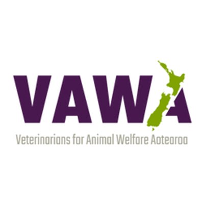Logo for Veterinarians for Animal Welfare Aotearoa with the acronym VAWA and an outline of New Zealand in green.