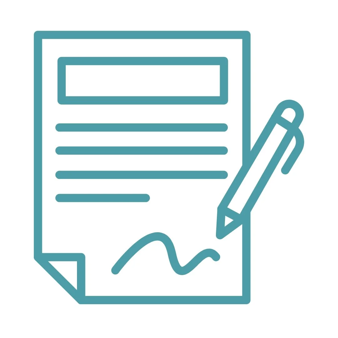 Outline of a signed document with lines of text and a pen beside it.