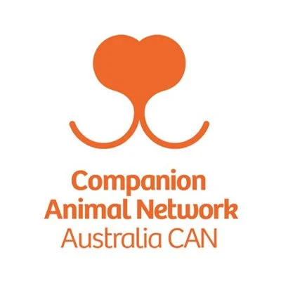 Logo of Companion Animal Network Australia CAN, featuring an orange heart-shaped nose with two curved lines below representing a smile.