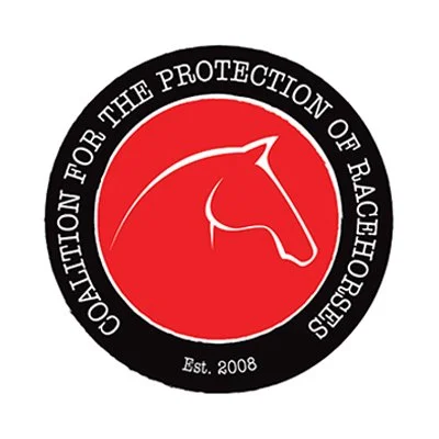 Logo with a red circle containing a white horse outline and black surrounding border with white text: 'Coalition for the Protection of Racehorses' and 'Est. 2008'.