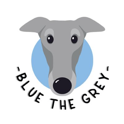 Illustration of a grey dog with a black nose, inside a blue circle, with the text '-Blue the Grey-' surrounding it.
