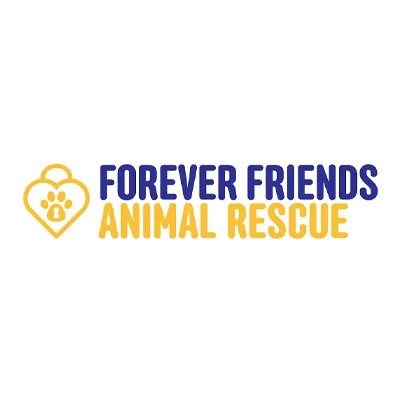 Logo for Forever Friends Animal Rescue featuring a dog paw inside a heart, with the organization’s name in blue and yellow text.