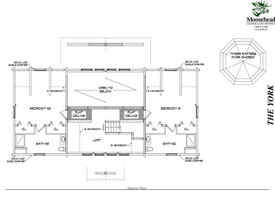Architectural floor plan of the second floor of "The York" log home by Moosehead Cedar Log Homes, showing two bedrooms, two bathrooms, a loft area, and design elements like flat ceilings and solid log gable dormers.