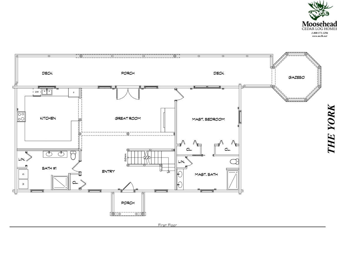 Floor plan of a house labeled "The York" by Moosehead Cedar Log Homes, featuring a kitchen, great room, master bedroom with attached master bath, guest bathroom, entryway, porch, deck, gazebo, and staircase.