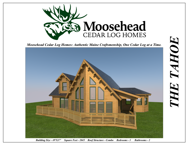 Rendering of a wooden log home with large windows, set on a grassy plot, promoted by Moosehead Cedar Log Homes.
