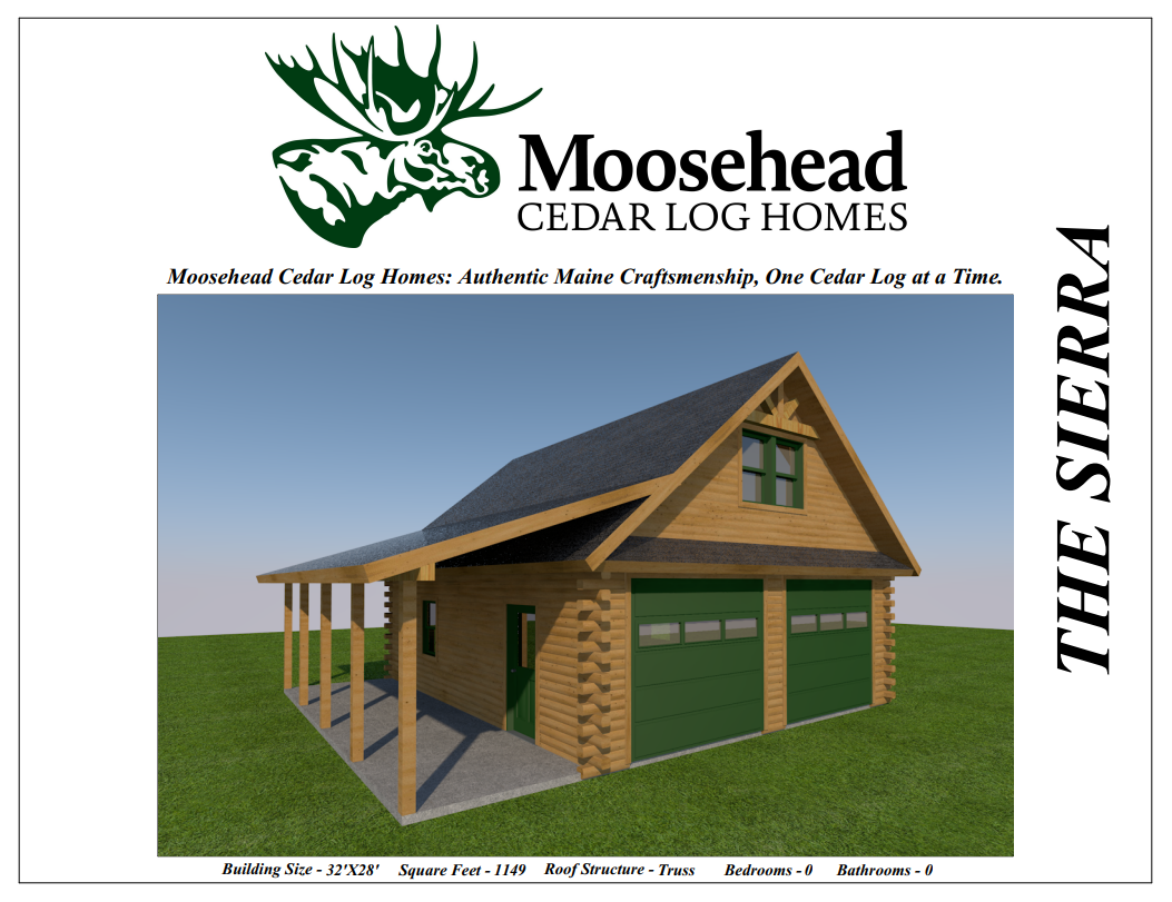 Illustration of a Moosehead cedar log home with a gabled roof, green garage doors, green window, and a covered porch on a grassy lot.