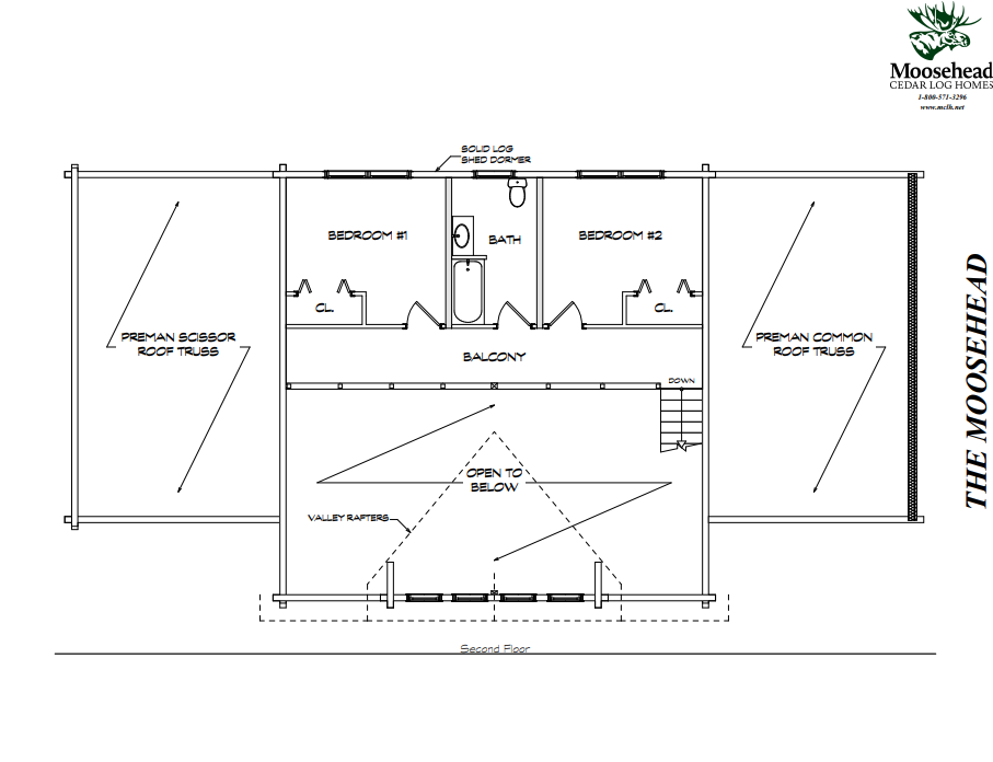 Second floor architectural plan of a house labeled "The Moosehead," featuring two bedrooms, a bath, balcony, open space to below, and roof trusses.