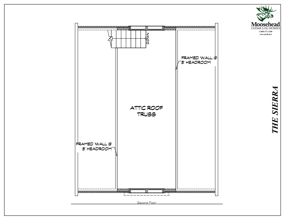 Architectural plan of an attic roof with trusses, showing framed walls at 5-foot headroom and stairs leading down, labeled 'The Sierra' and the company Moosehead Cedar Log Homes.