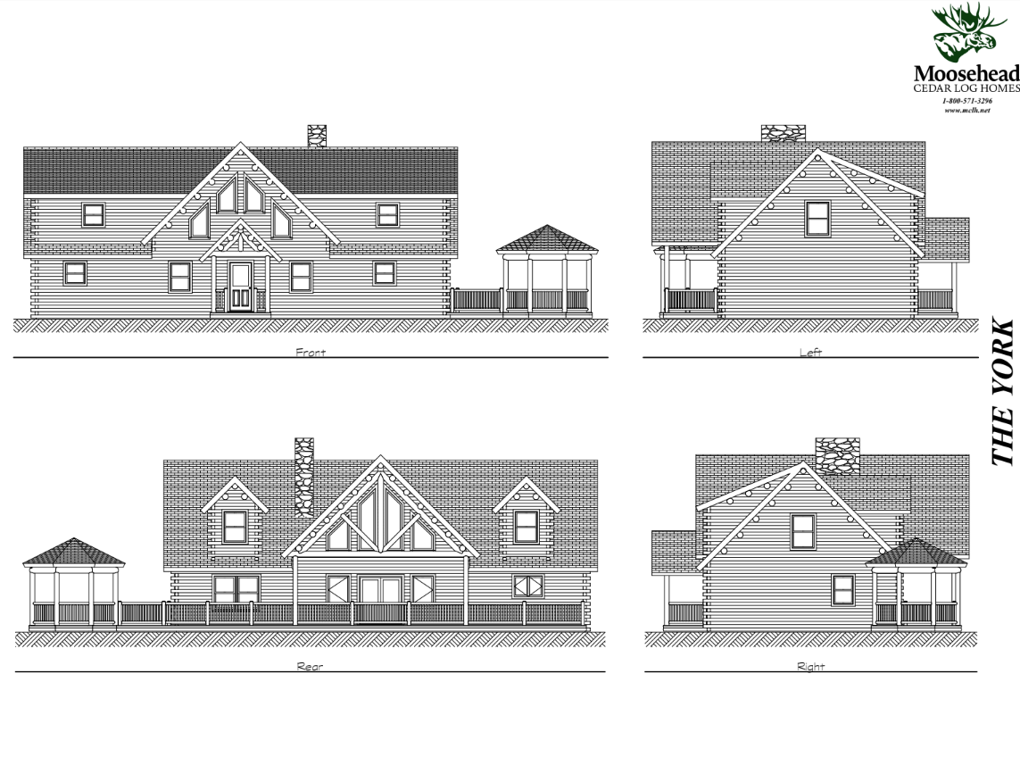 Architectural drawings of 'The York' log home by Moosehead Cedar Log Homes, showing front, left, rear, and right elevations.