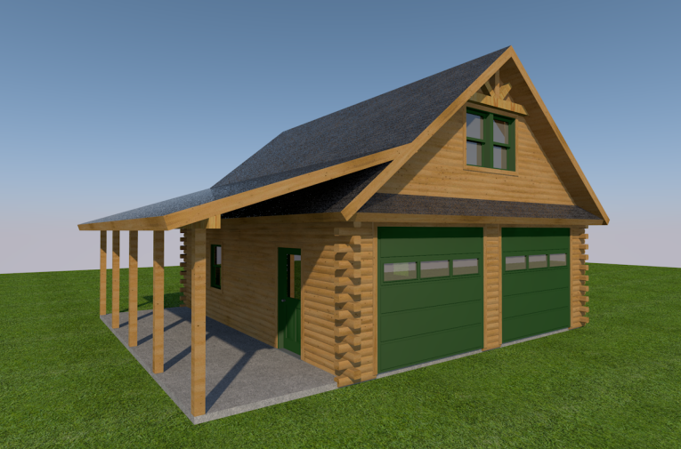 A cedar log house with a green garage door, small attached porch, and a gabled roof, set on a grassy lawn.