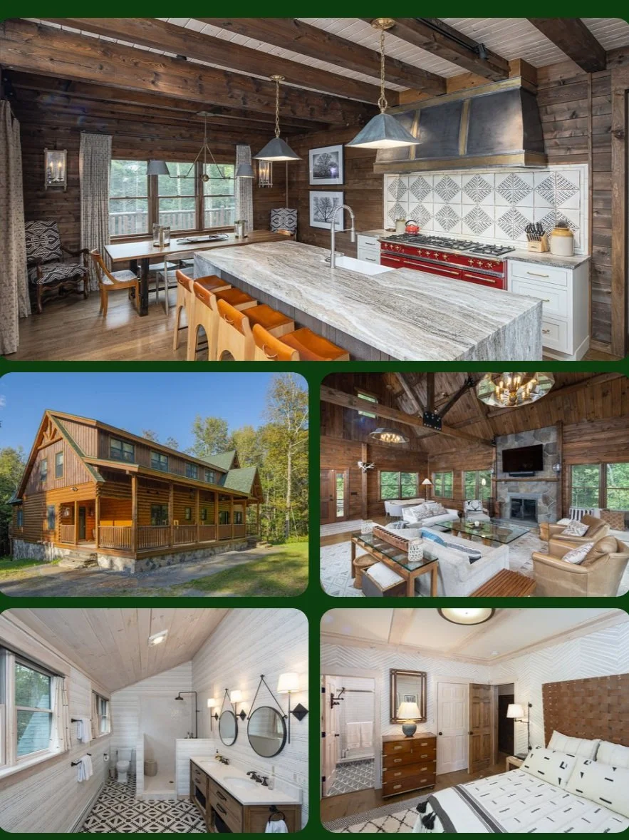 exterior of log home, living room with stone fireplace, dining room, bathroom, and bedroom