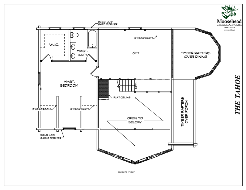 Architectural floor plan of the second floor of a log home, featuring a master bedroom, master bath, walk-in closet, loft with a 5-head ceiling, timber rafters over dining area and porch, and an open area below.