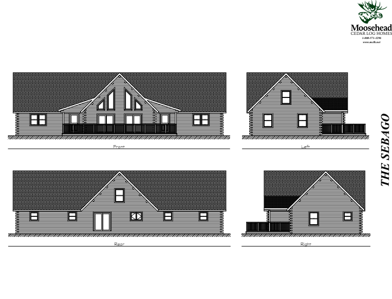 Architectural drawing of a log home called 'The Sebago' with front, rear, left, and right elevations. The house features a gabled roof and multiple windows. Logo of Moosehead Cedar Log Homes is displayed.