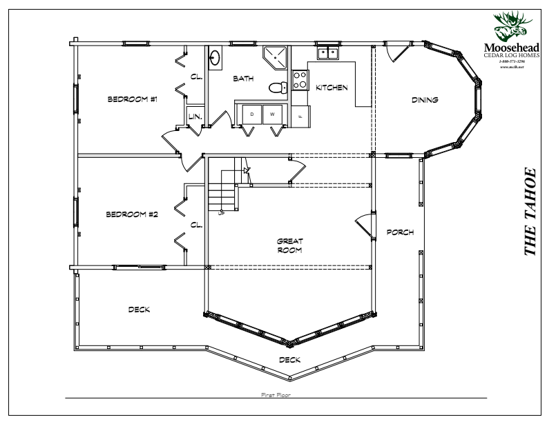 Floor plan of a house with two bedrooms, one bathroom, a kitchen, dining area, great room, porch, and deck. The house is labeled 'THE TAHOE' and shows interior layout and room labels.