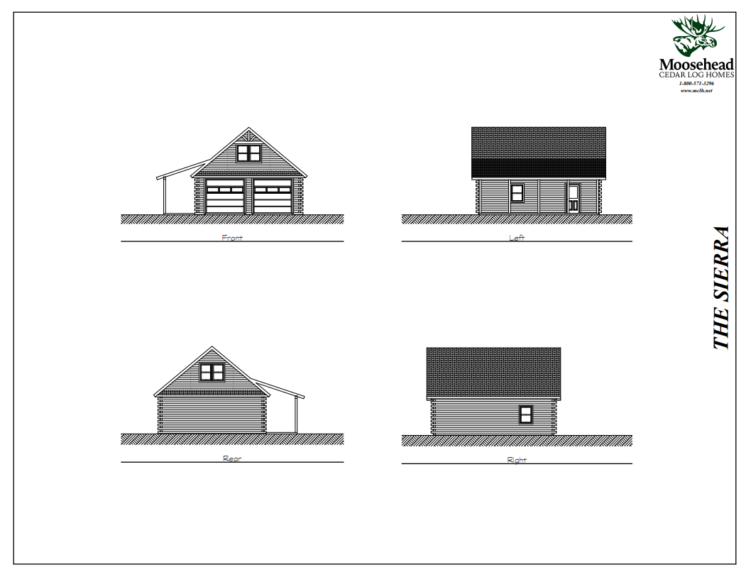 Architectural blueprint of a two-story log cabin named 'The Sierra,' showing front, left, rear, and right elevations, with Moosehead Cedar Log Homes logo in the top right corner.