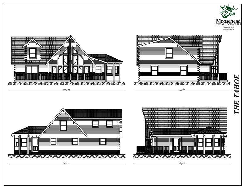 Architectural blueprint of a two-story house named 'The Tahoe,' showing front, left, rear, and right elevations with detailed roof and window designs.