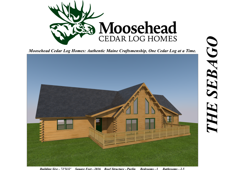 Rendering of "The Sebago" log home by Moosehead Cedar Log Homes, featuring a design with a large porch and gabled roof, shown on grass with company logo and details.
