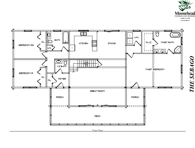 Floor plan of "The Sebago" by Moosehead Cedar Log Homes, featuring three bedrooms, two and a half baths, kitchen, dining area, great room, laundry, and deck with porches.
