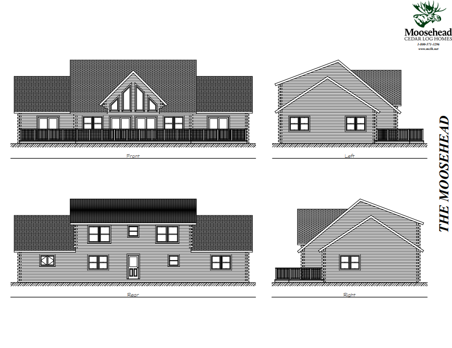 Architectural drawings of a log home from multiple angles labeled front, left, right, and rear with "THE MOOSEHEAD" and "Moosehead Cedar Log Homes" logo.