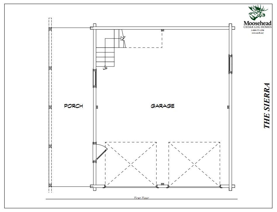 Blueprint of a garage with an adjacent porch, stairs leading up to the porch, and labeled walls. The layout includes a staircase, porch area, and garage space, with annotations for construction details.