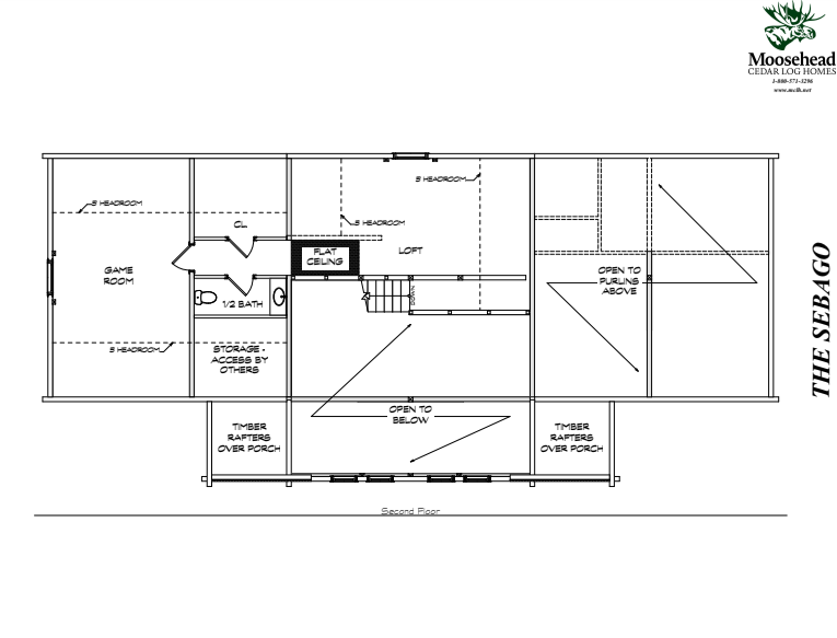 Architectural floor plan of "The Sebago" second floor from Moosehead Cedar Log Homes, featuring a game room, loft, three bedrooms, half bath, and open areas to below.