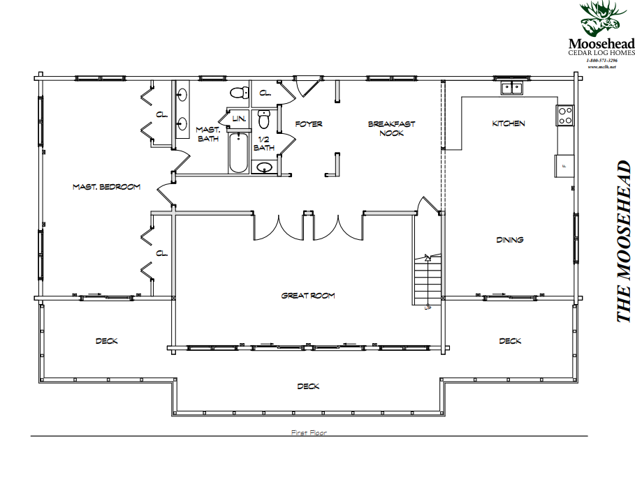 Floor plan of the first floor of "The Moosehead" by Moosehead Cedar Log Homes, featuring a master bedroom with ensuite, closets, a foyer, great room, breakfast nook, kitchen, dining area, half bath, and surrounding decks.
