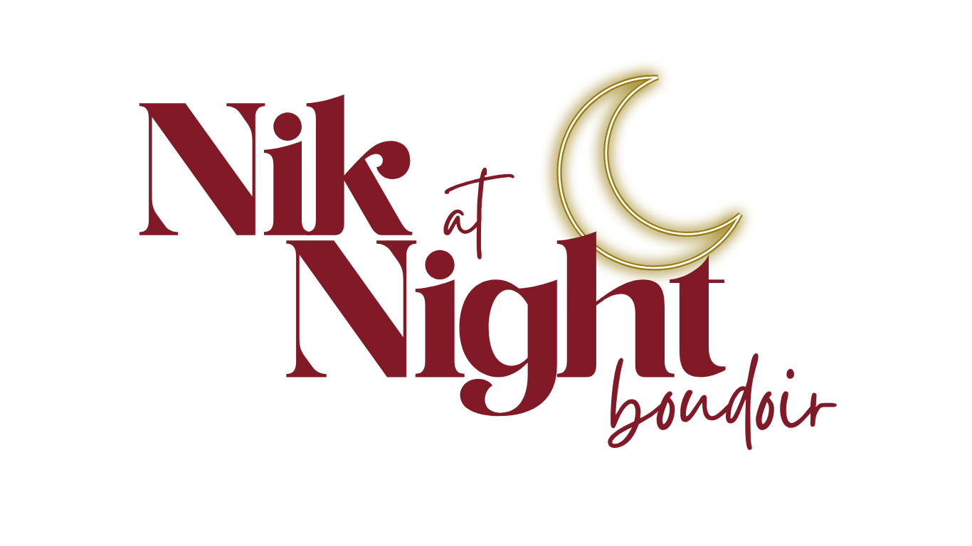 Text says "Nik at Night boudoir" in red with a yellow crescent moon above.