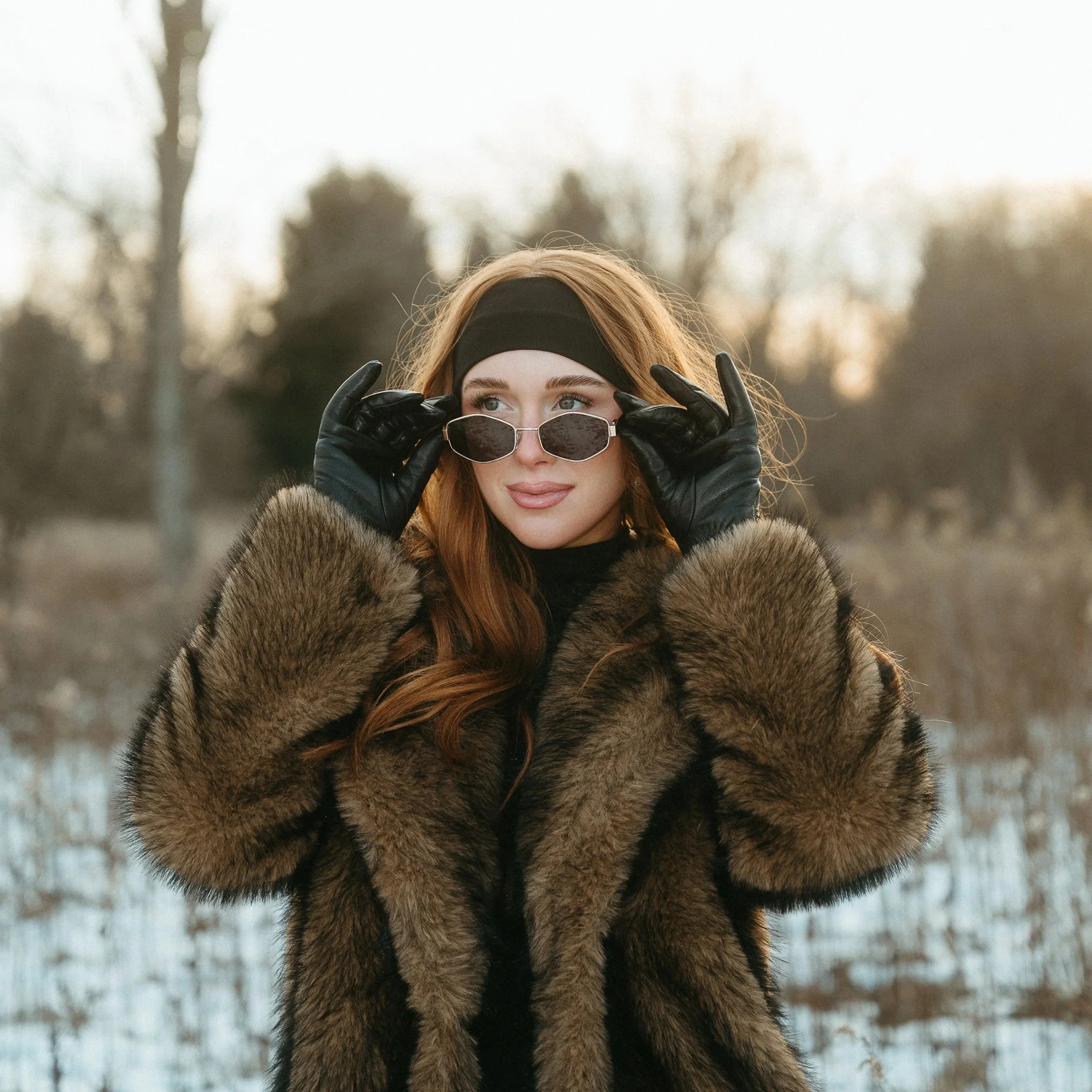 outdoor winter fur coat photoshoot with snow