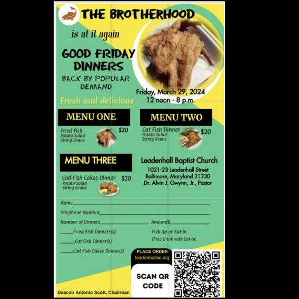 By popular demand Leadenhall Baptist Church (LBC) Brotherhood ministry are selling Good Friday dinners. The dinners will be available for pick on Friday March 29th between 12PM and 8PM. You can preorder dinners on Leadenhall Baptist Church website (h