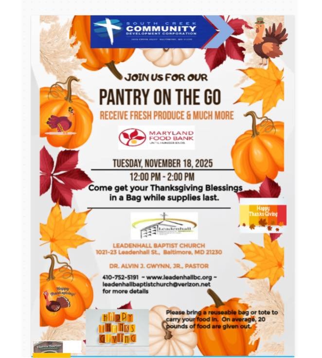 Pantry on the Go

November 18, 2025

12PM to 2PM (while supplies last)

Leadenhall Baptist Church 

Come and receive your Thanksgiving blessings in a bag of fresh produce and non-perishables while they last! 
"Let our lives be full of thanks and