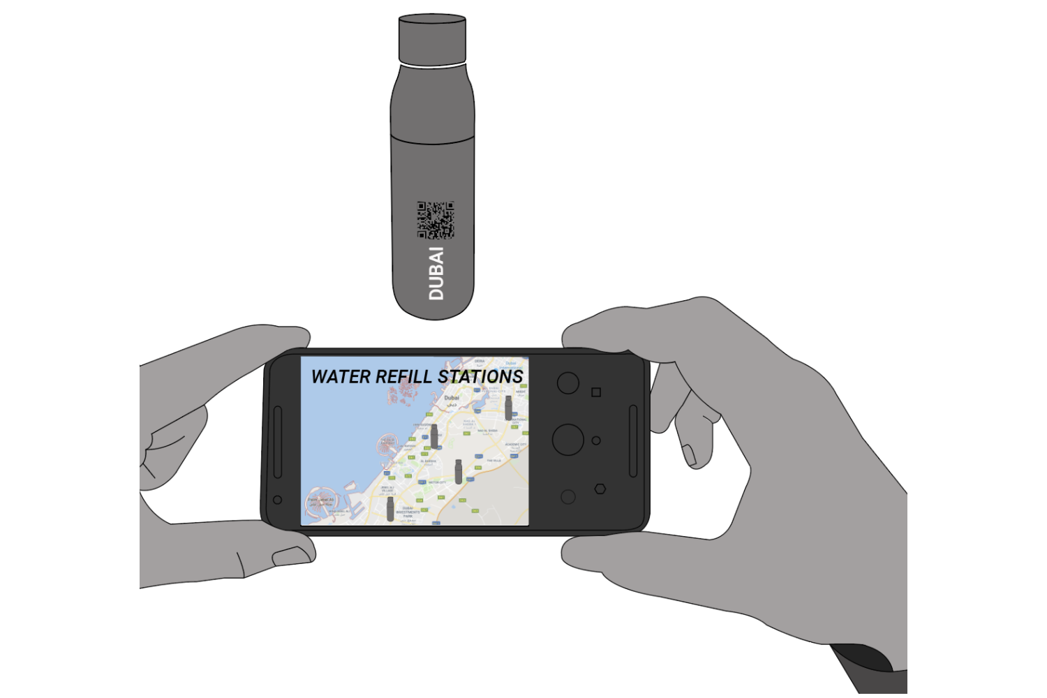 Reusable glass bottles contain a QR code that gives info about city maps and other tourism benefits. Free refill stations throughout the city with water produced through capturing humidity from air. Test whether humidity refill stations could create