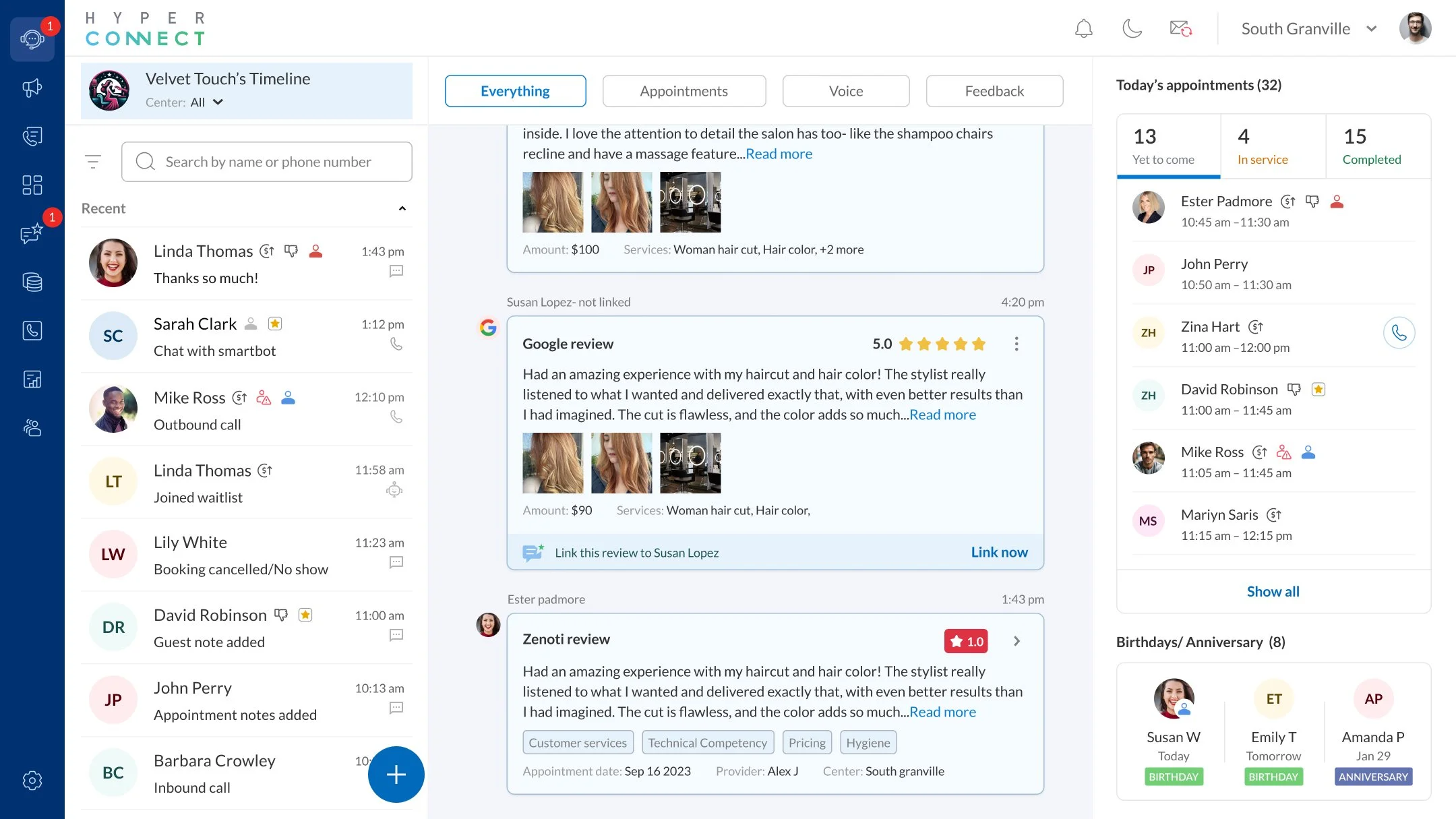 An instance of review captured and displayed on the business timeline 