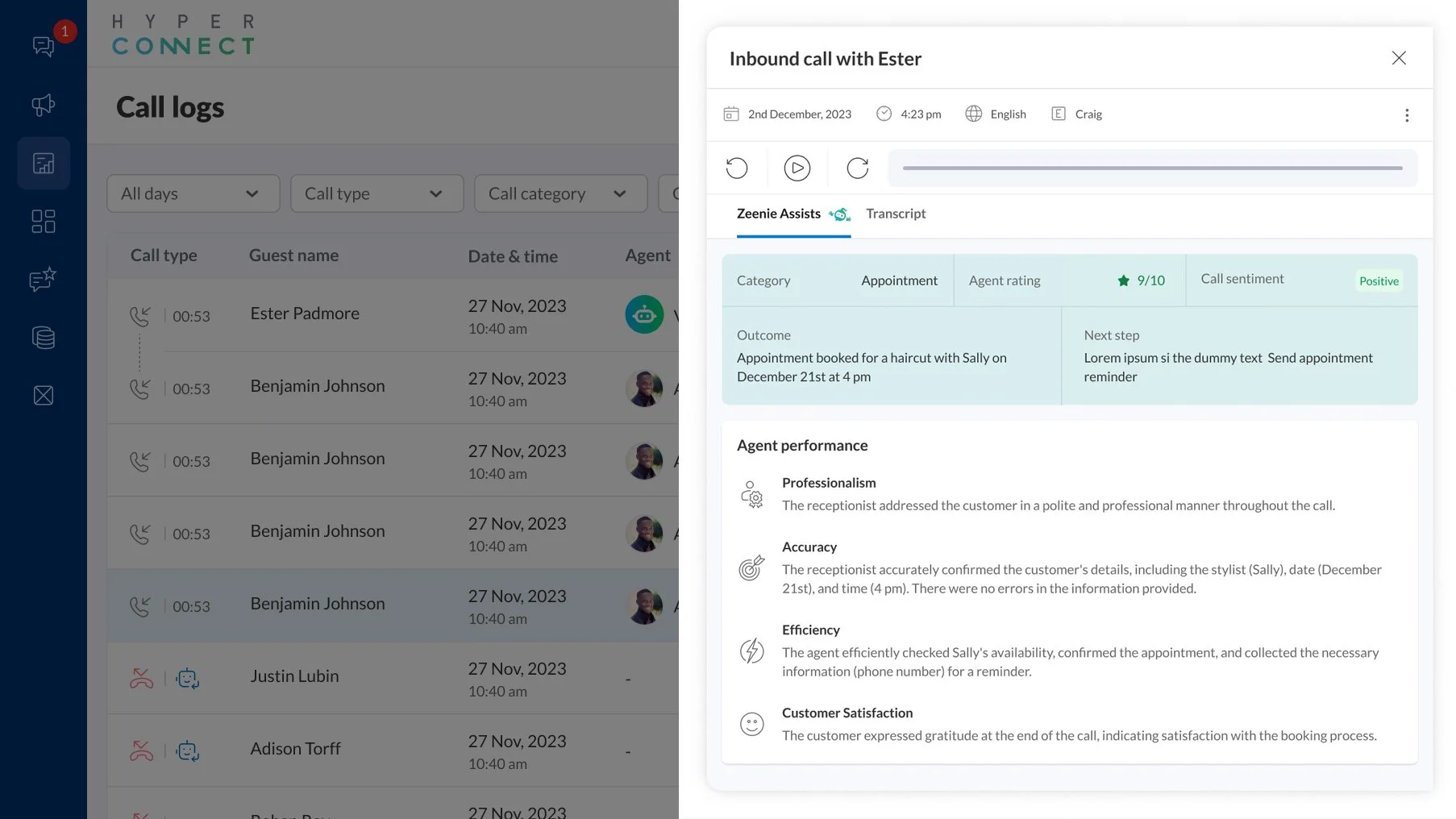AI-powered analysis of a call's sentiment and agent performance