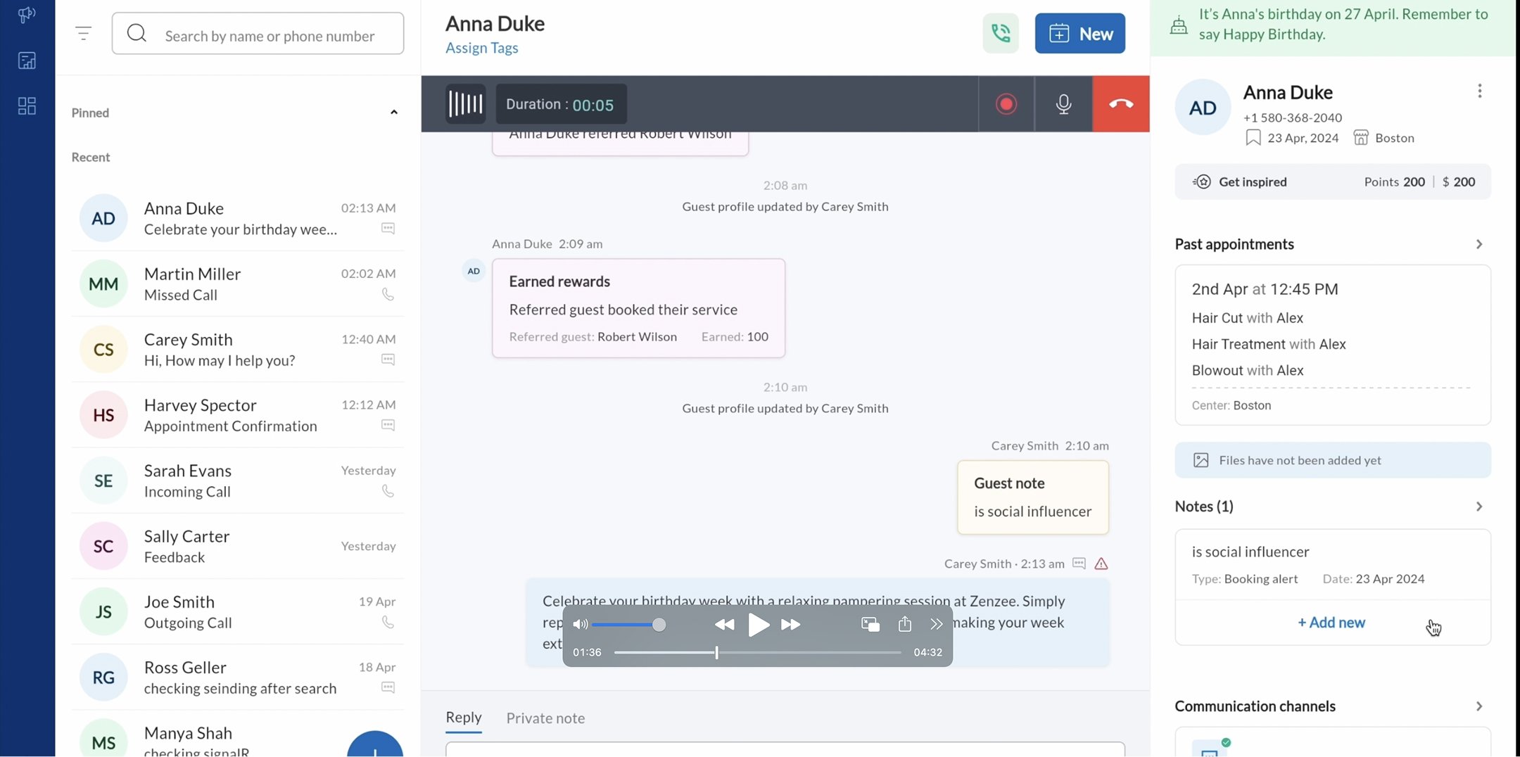 An active call on a guest timeline showing recent events as well as a detailed profile