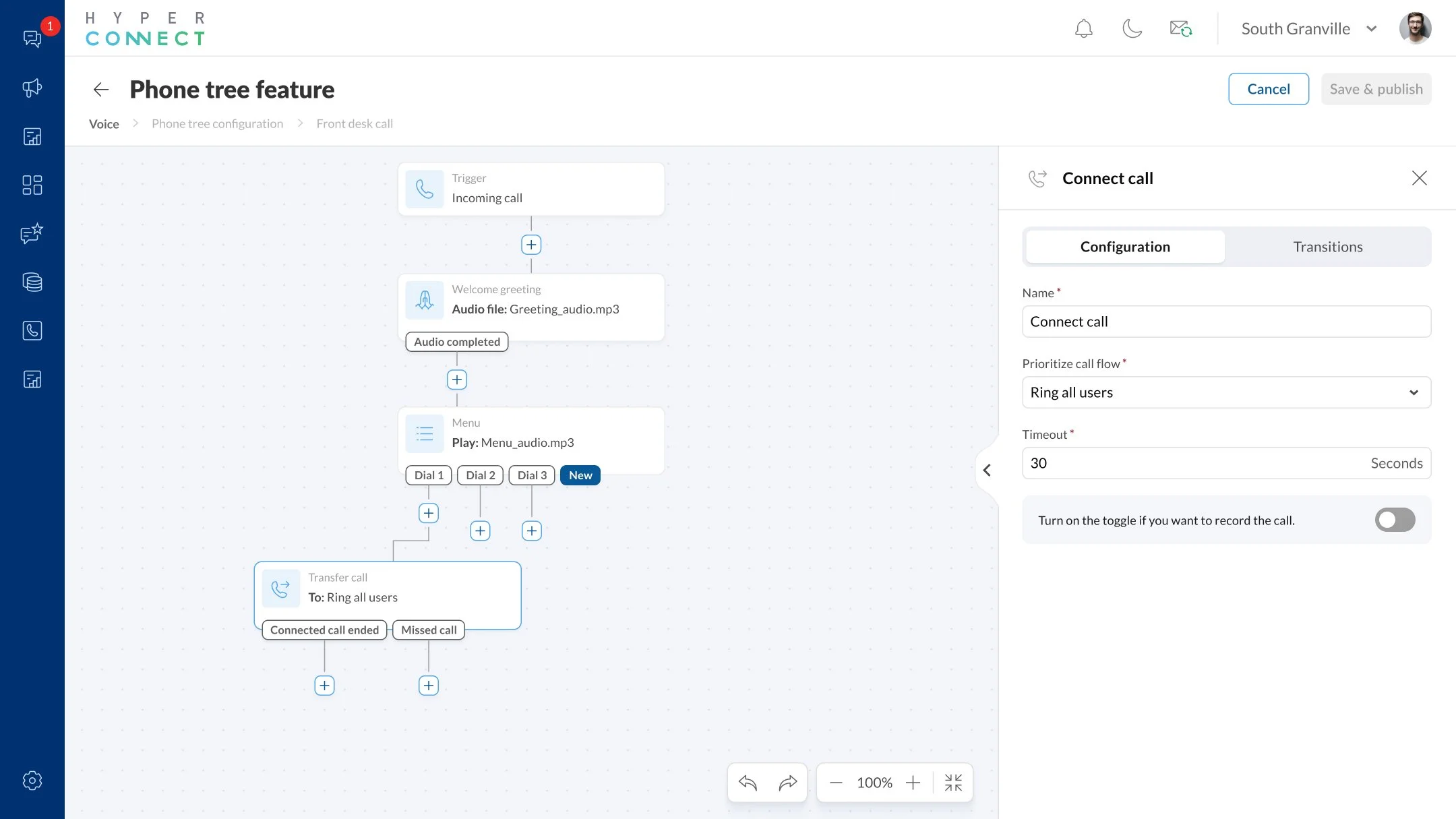 A Phone Tree configuration showcasing how a business can setup how they want their incoming calls to flow through the system