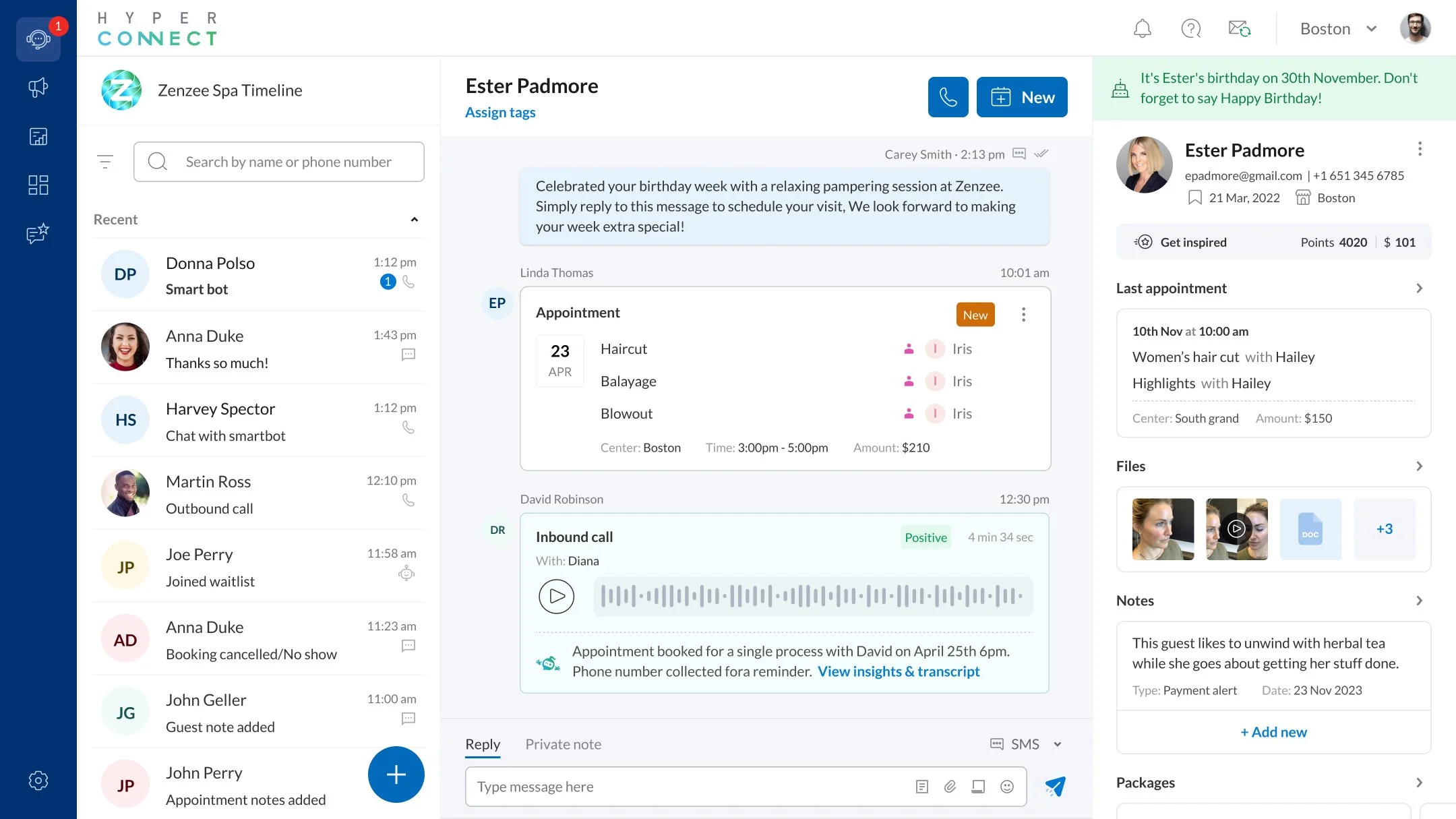 A guest's timeline with a recording, transcript and AI analysis of a recent phone call completed