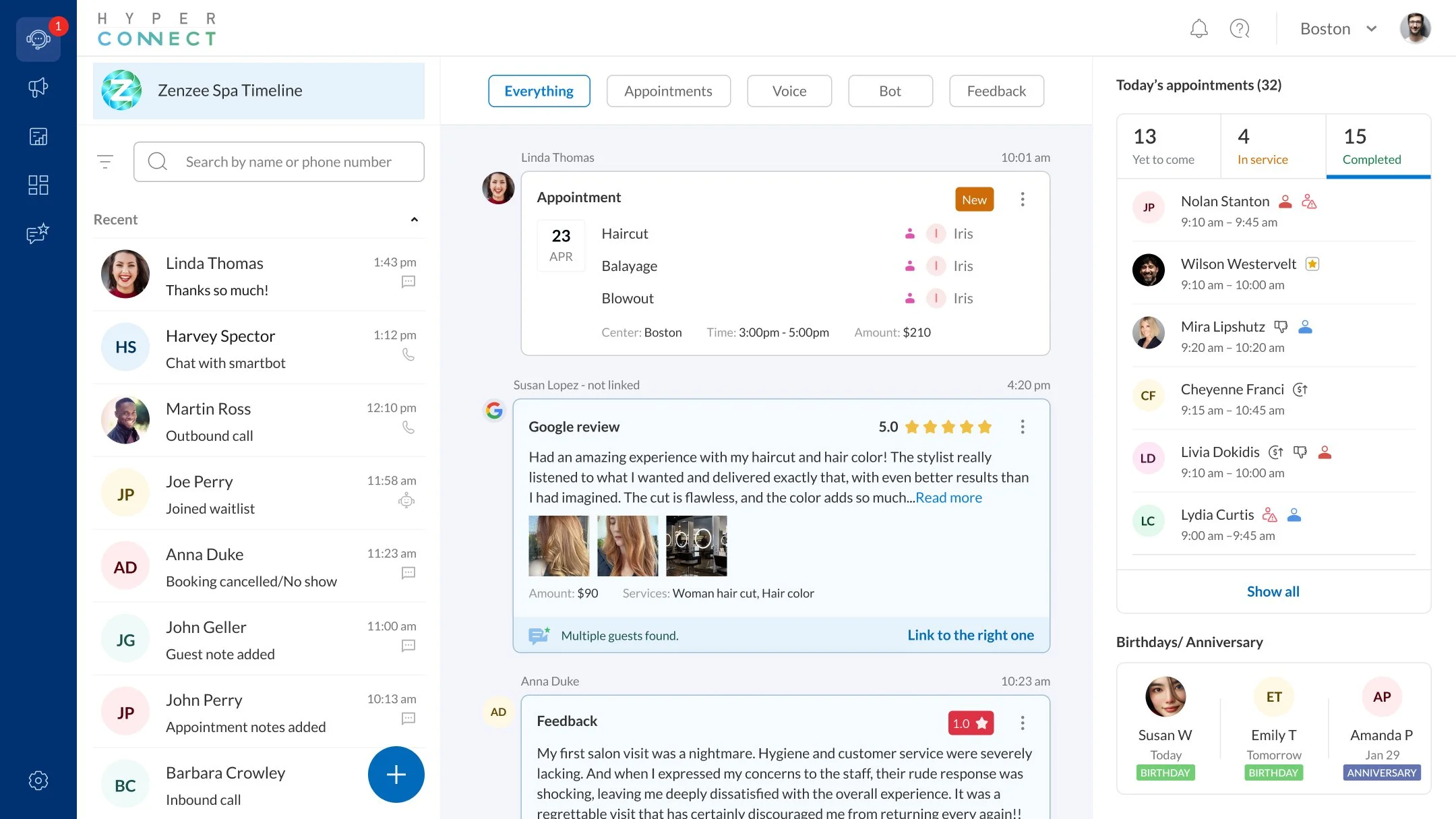 Business timeline showing a recently dropped Google review 