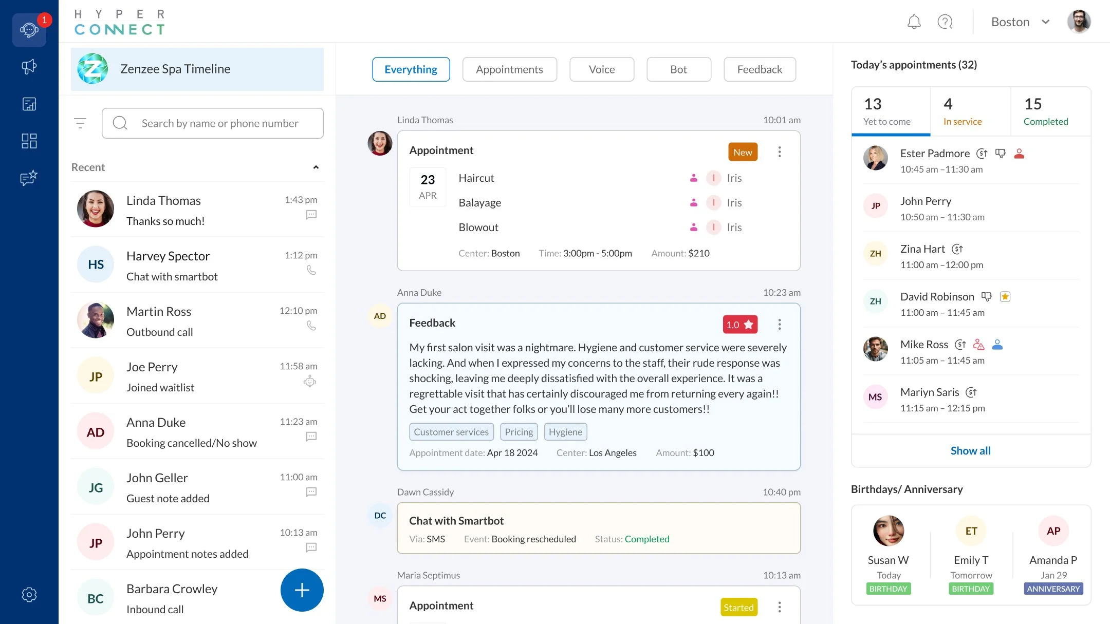 Business timeline showing a newly booked appointment, feedback on a previous one, and an instance of engagement completed on SmartBot.