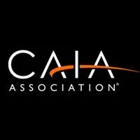 CAIA Association logo with black background and white text, featuring an orange arc over the letters.