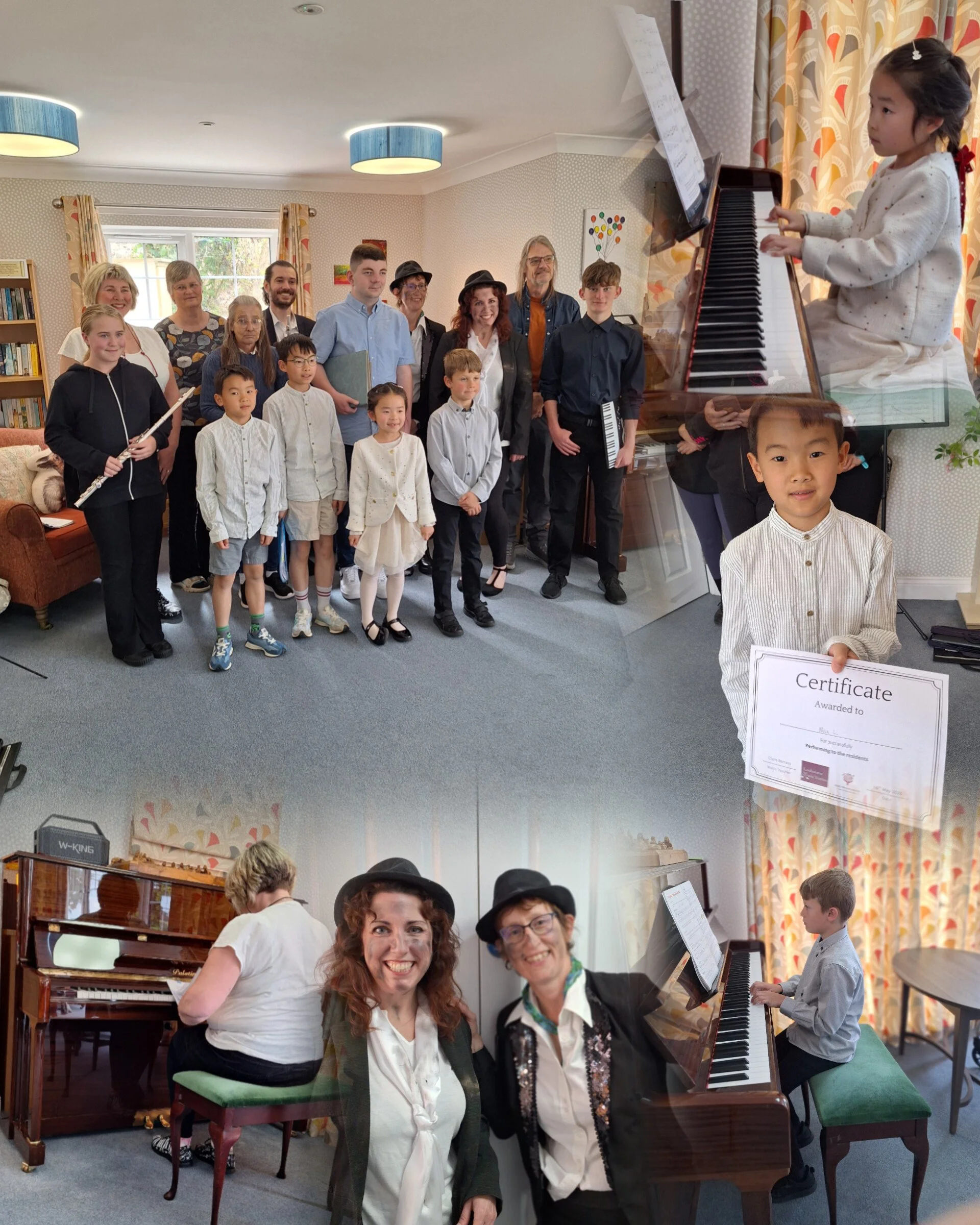 A collage or images taken at a care home with cross generation of pupils dressed smartly.  A group photo with one holding a flute and another a music folder.  Photos of children and an adult sat at the piano.  A child holding a certificate.