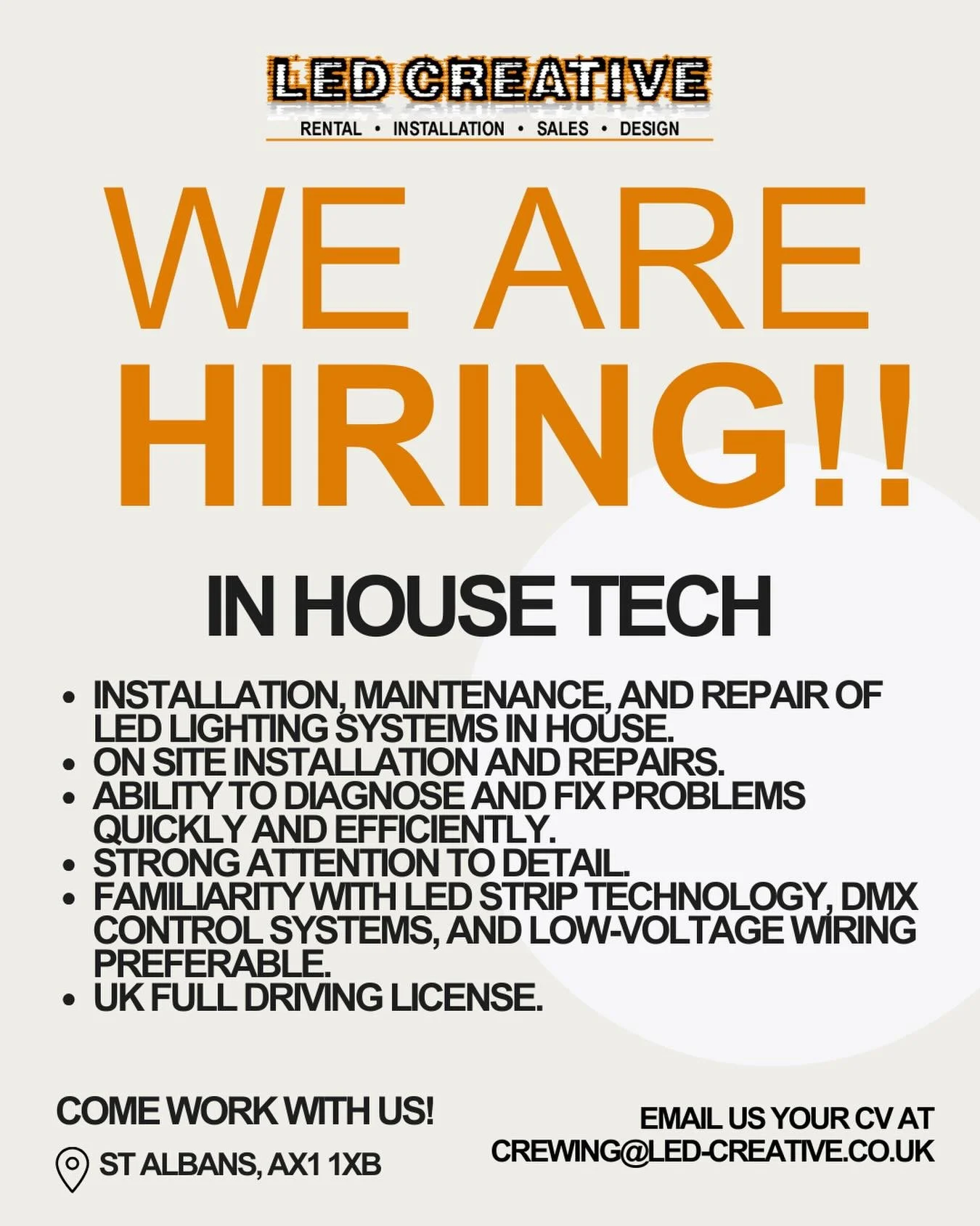 LED Creative are looking for a new in house tech!!!

Please send us your CV at crewing@led-creative.co.uk if you&rsquo;re interested in joining the LC team 🌟